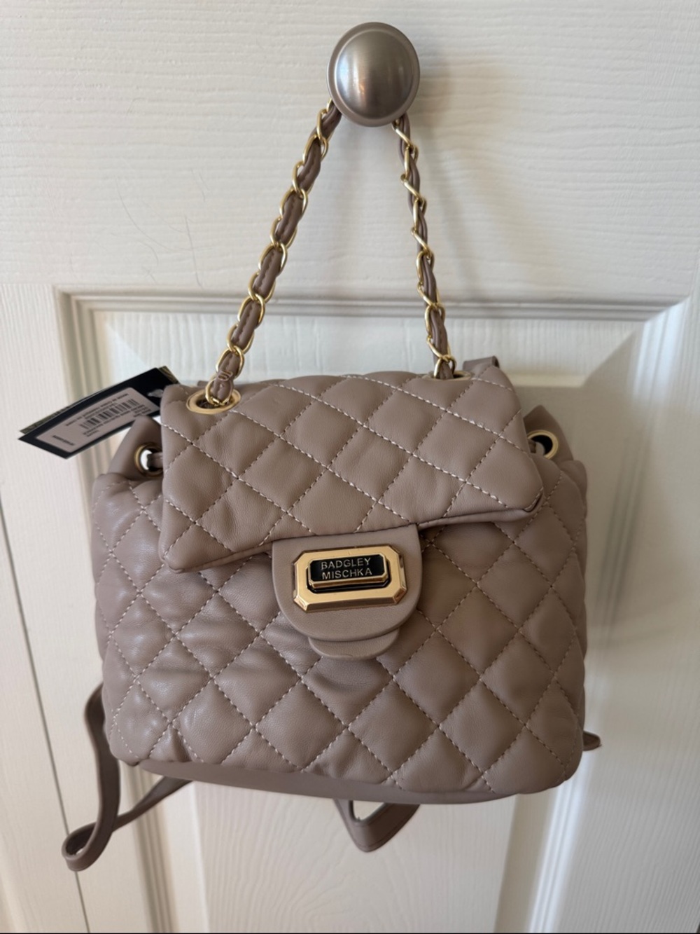 Badgley Mischka Quilted Taupe Leather Backpack with Gold Chain and card holder